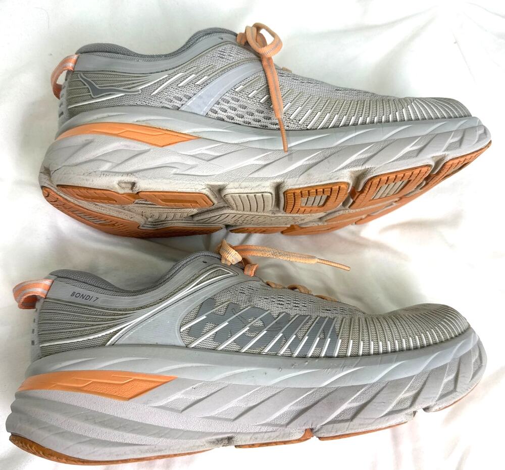HOKA Bondi 7 Harbor Mist Sharkskin Gray Peach Running Shoes Womens 7